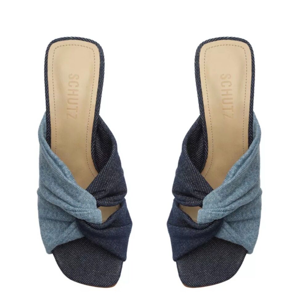 Schutz Wendy 2-Tone Twisted Denim Block Heel Slide Sandals 8